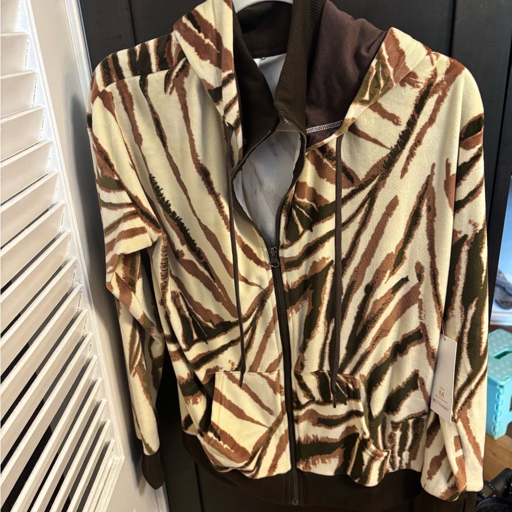 LuLaRoe Brown and Cream Silky Bomber Jacket with Animal Print